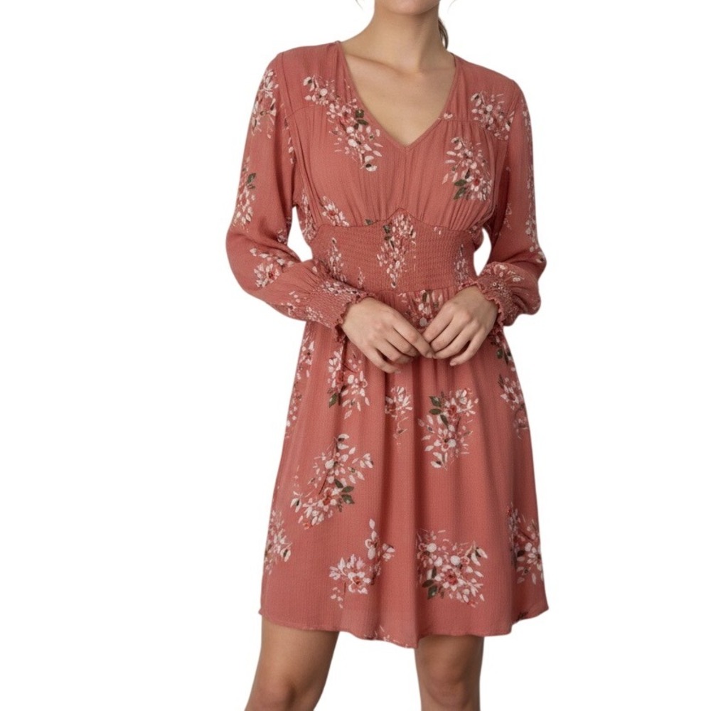 American Rag Juniors Dress Small Floral‎ Print Long Sleeve Smocked Waist Coral